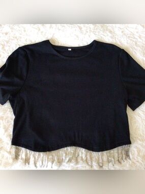 No Name Ribbed Short Sleeve Cropped Top with Fringe Rhinestone Tassels